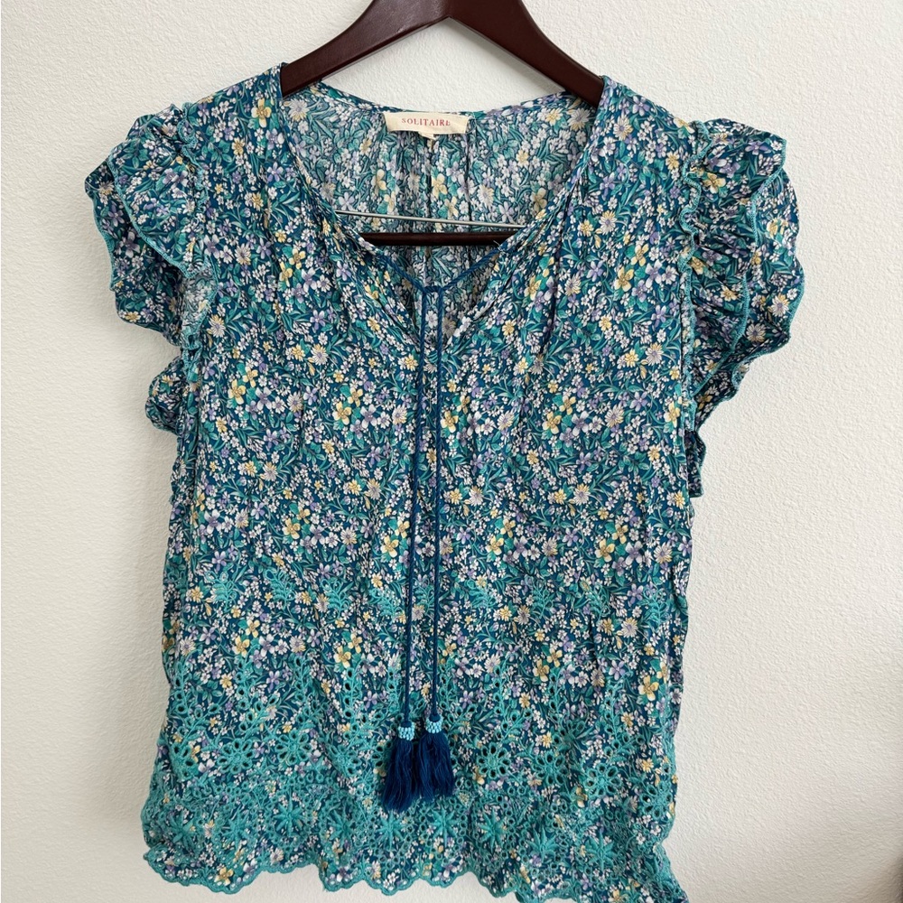 Solitaire Blue Flutter Sleeve Blouse with Tie Front
